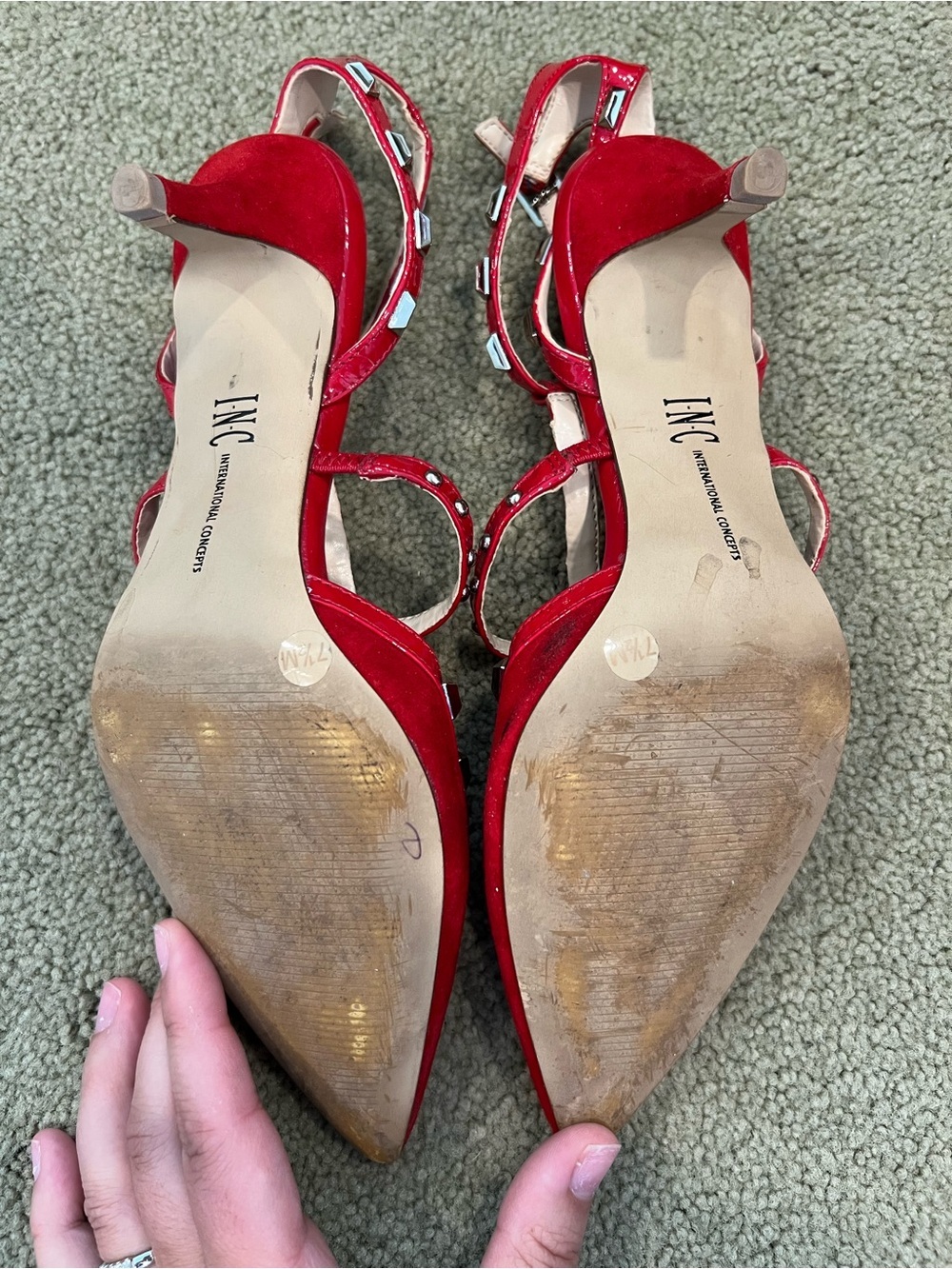 INC International Concepts Red Studded T-Strap Pointed Toe Heels Size 7.5 - Picture 3 of 3